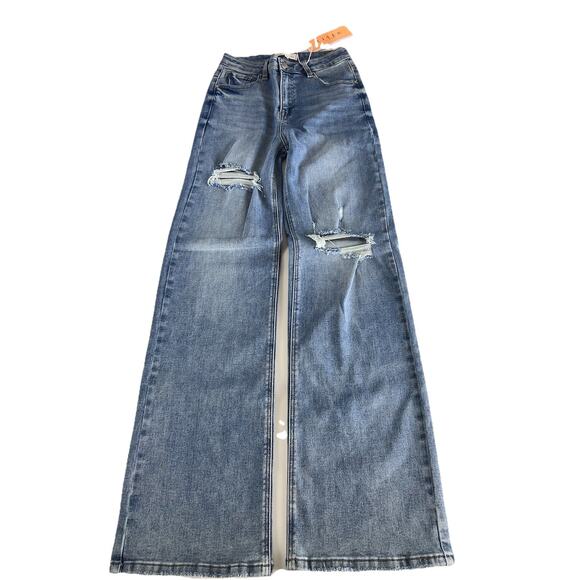 RISEN High Rise Distressed Ripped Wide Leg Baggy Jeans 7/28 Medium Wash - Picture 13 of 16